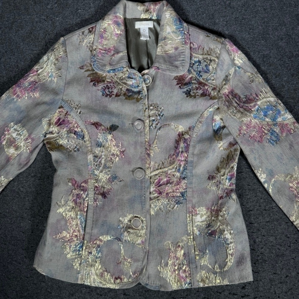 Chicos Brocade Blazer Jacket Size 0 Metallic Floral Tapestry Button Front Grey